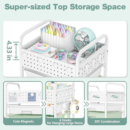 5 Drawer Rolling Storage Cart with Pegboard Top and Hooks, Mobile Organizer Cart with Wheels for Office Supplies, Craft Storage, Classroom Organization, Home Utility Cart, Gradient Green