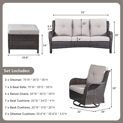 Rilyson Wicker Patio Furniture Set - 7 Piece Rattan Outdoor Sectional Conversation Sets with 4 Swivel Rocking Chairs,2 Ottomans and 1 Sofa for Porch Deck Garden(Brown/Beige)