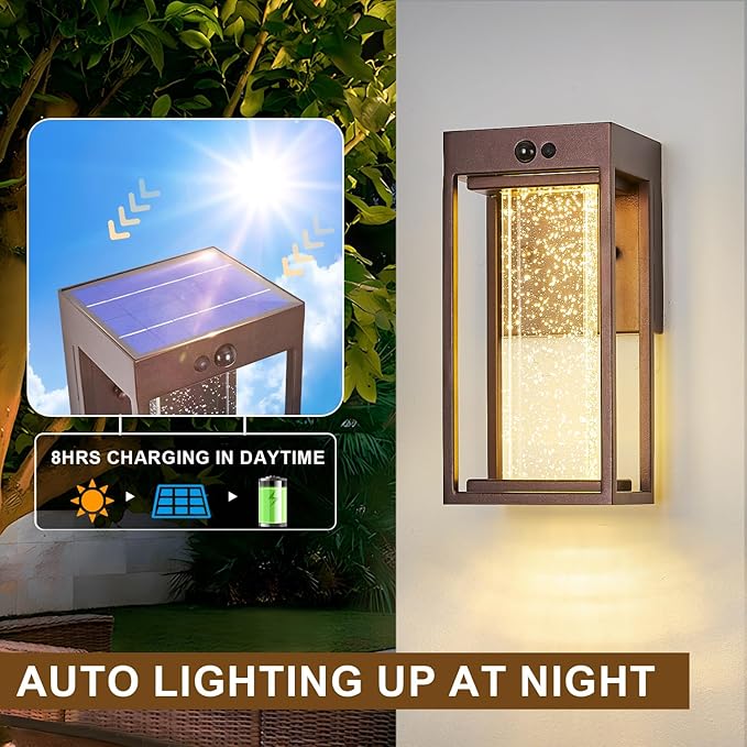 Oil Rubbed Bronze Solar Outdoor Wall Lights with 3 Modes Motion Sensor Crystal Exterior Sconces with 4000K 250LM LED Outside Coach Light for House Front Door Waterproof Dusk to Dawn Solar Porch Light