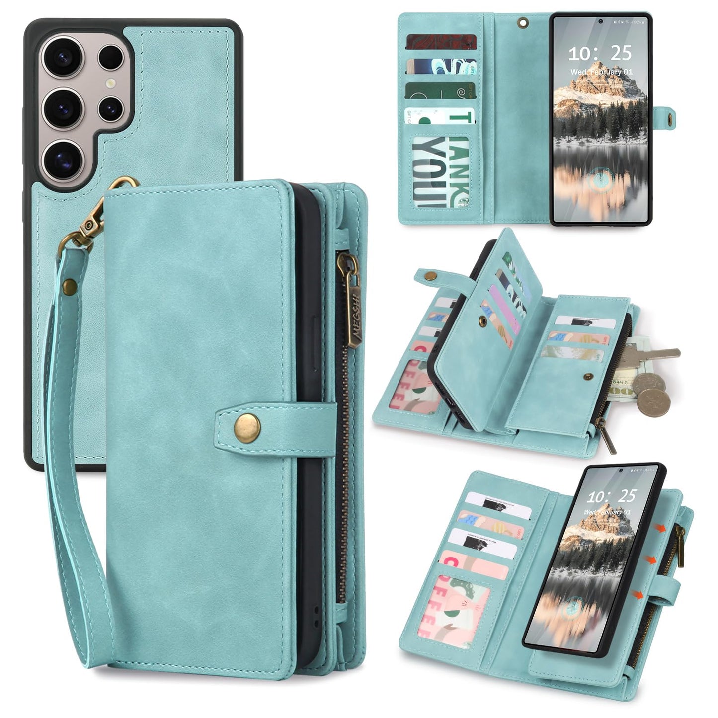 TwoHead for Samsung Galaxy S25 Ultra Wallet Case with Card Holder, Detachable Magnetic Phone Case for S25 Ultra,PU Leather All-Round Protective Phone Case Wallet with Wrist Strap,Blue