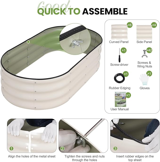G GOOD GAIN Raised Garden Beds - 4x2x1ft Galvanized Planter Boxes Kit with Protective Tape & Gloves & Tools | Oval Metal Outdoor Raised Bed for Gardening Vegetables, Fruits, Flowers, Herbs, White