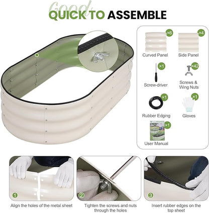 G GOOD GAIN Raised Garden Beds - 4x2x1ft Galvanized Planter Boxes Kit with Protective Tape & Gloves & Tools | Oval Metal Outdoor Raised Bed for Gardening Vegetables, Fruits, Flowers, Herbs, White