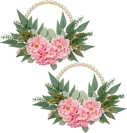 Spring Wreath 10" Artificial Floral Wood Bead Eucalyptus Leaves Peony Hydrangea Wreath for Front Door Boho Farmhouse Wall Decor 2 Pack - Pink