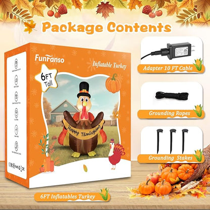 6FT Thanksgiving Inflatables Turkey Outdoor Decorations, Blow Up Turkey with Colorful Tail & Pilgrim Hat Built-in LED Lights for Family Lawn Yard Garden Fall Party House Harvest Holiday Decor