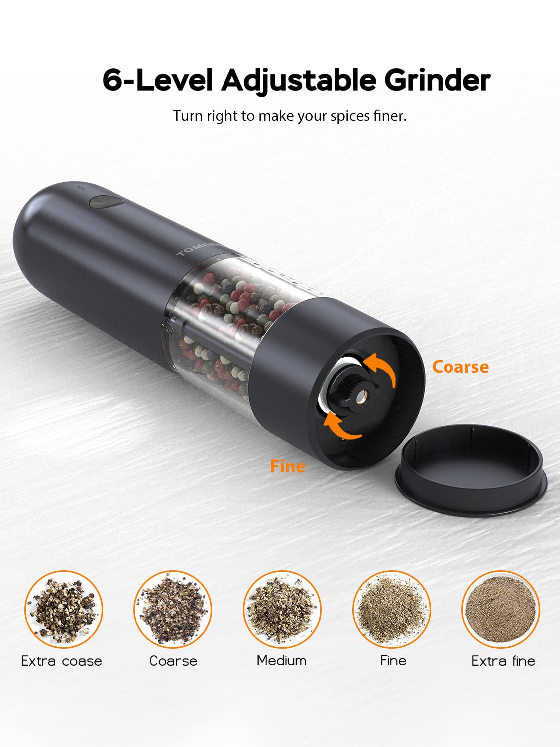 Upgraded Larger Capacity: Electric Salt and Pepper Grinder Set Rechargeable with LED lights - Stainless Steel Automatic Pepper and Salt Grinder Refillable with 6 Adjustable Coarseness