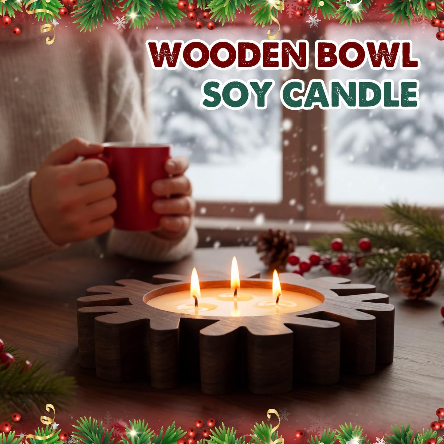 Potchen 1 Set Wooden Christmas Bowl Candle Gifts 14oz Large Rustic Wood Christmas Dough Bowl Candle with Berries Pine Label for Xmas Farmhouse Table Centerpiece Decor, 11.81 x 9.84 in(Snowflake)