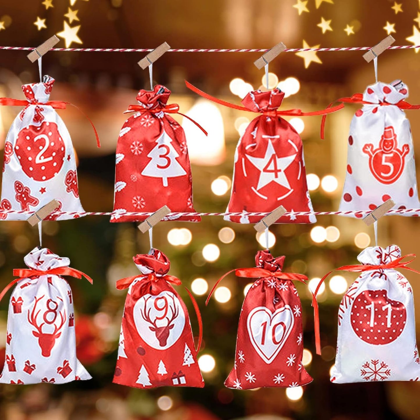 24 Pcs Christmas Drawstring Gift Wrap Bags Reusable Advent Calendar Bags Cute Xmas Candy Toys Goody Treat Bag Pocket for Holiday Weedings Birthdays Party Favor Home Storage Gift Bag