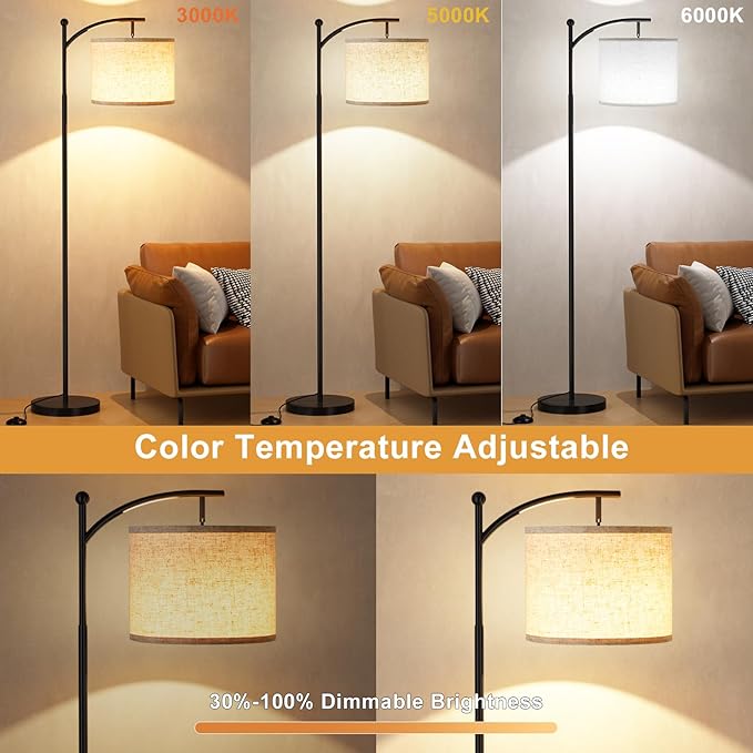 Ambimall 60" Floor Lamp with Remote Control and Stepless Dimmable Bulb, Colors Temperature & Brightness Adjustable, Modern Floor Lamps for Living Room（Beige Shade & Black Pole）