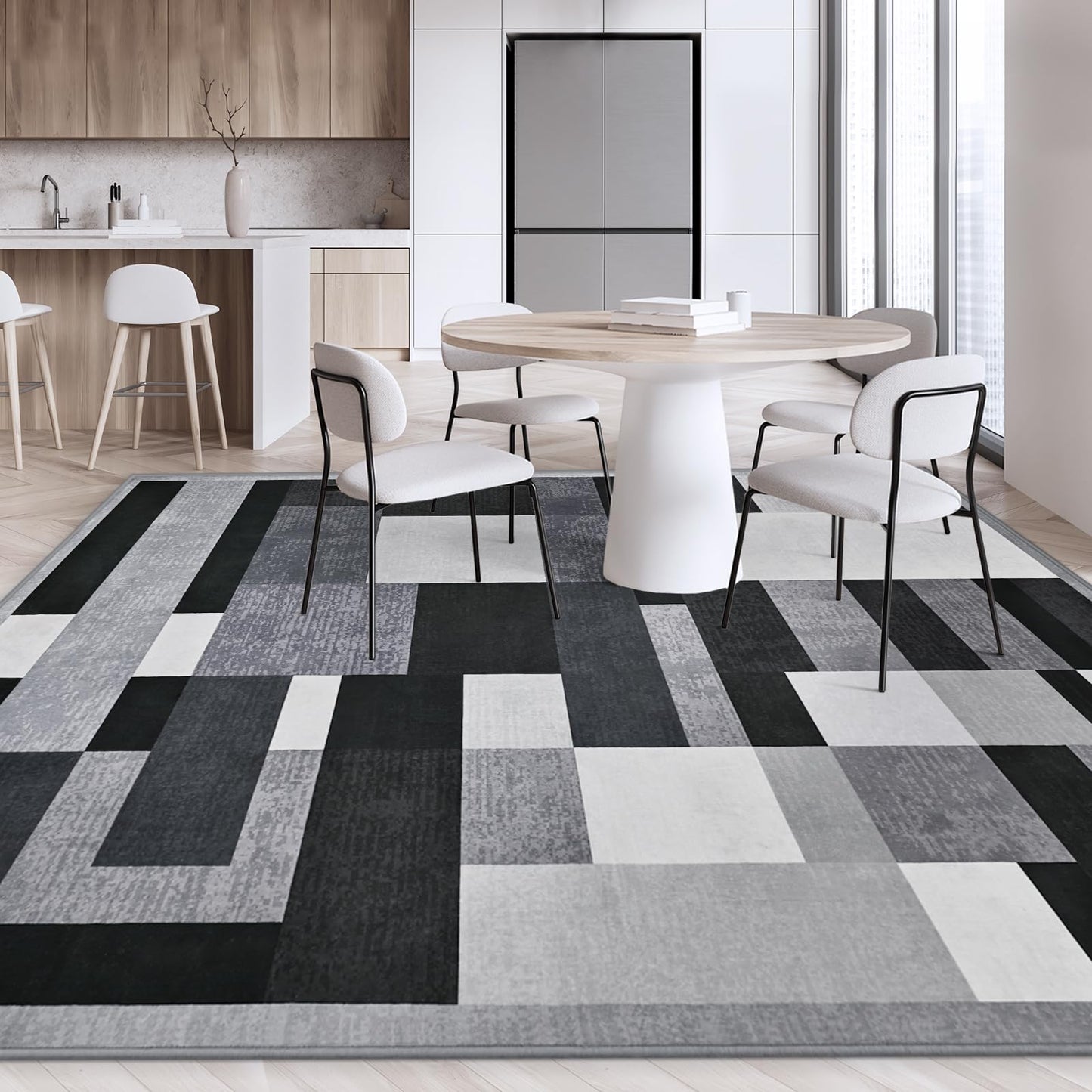 TWINNIS Indoor Modern Area Rug, 5x8 Geometric Patchwork Style Washable Large Rugs for Living Room Bedroom Hardwood Floors, Non Shedding Non Anti Backing Soft Carpet Home Floor Decor, Black