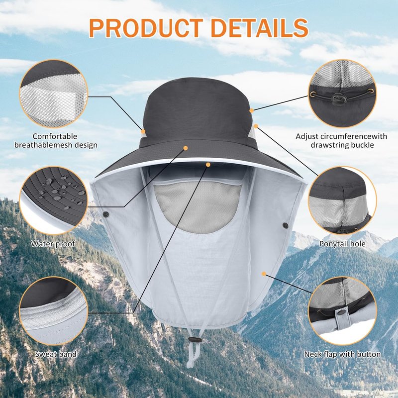 ZEXIAN Men&Women Wide Brim Fishing Ponytail Sun Hat with Removable Face and Neck Flap UPF 50+ UV Protection Safari Cap (US, Alpha, One Size, Dark Grey+Dark Grey)