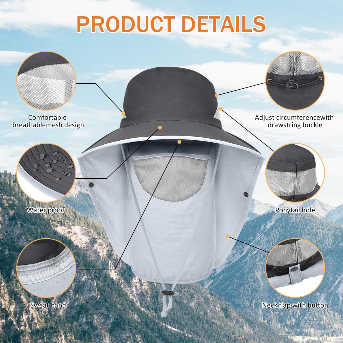 ZEXIAN Men&Women Wide Brim Fishing Ponytail Sun Hat with Removable Face and Neck Flap UPF 50+ UV Protection Safari Cap (US, Alpha, One Size, Dark Grey)