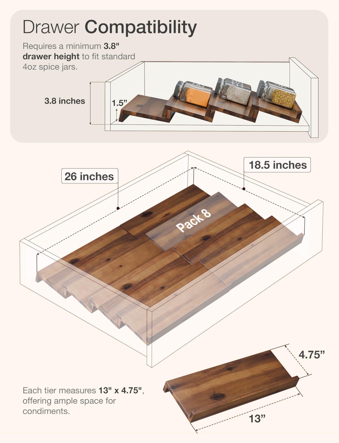 Tinamo Wood Spice Drawer Organizer - Acacia Wooden Tray Spice Racks Organizer for Cabinet Storage Shelf - 4 Tier Spice Rack for Drawer 32 Jars (Pack 4)