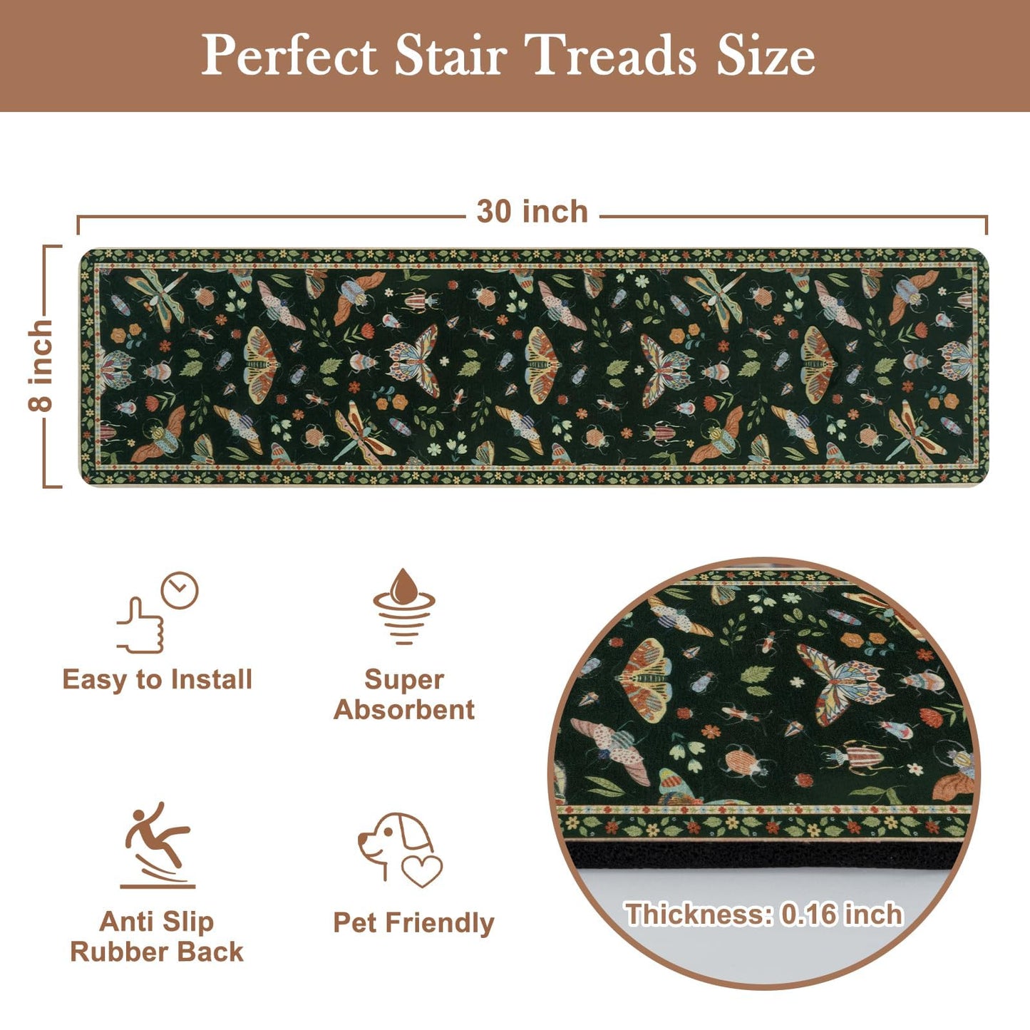 OJIA Insect Print Stair Treads Non Slip Stair Runners for Wooden Steps Indoor, 15PCS 8"x30" Rubber Backing Carpet Treads for Wood Stairs Staircase Step Treads for Kids & Dogs, Stair Covers, Black