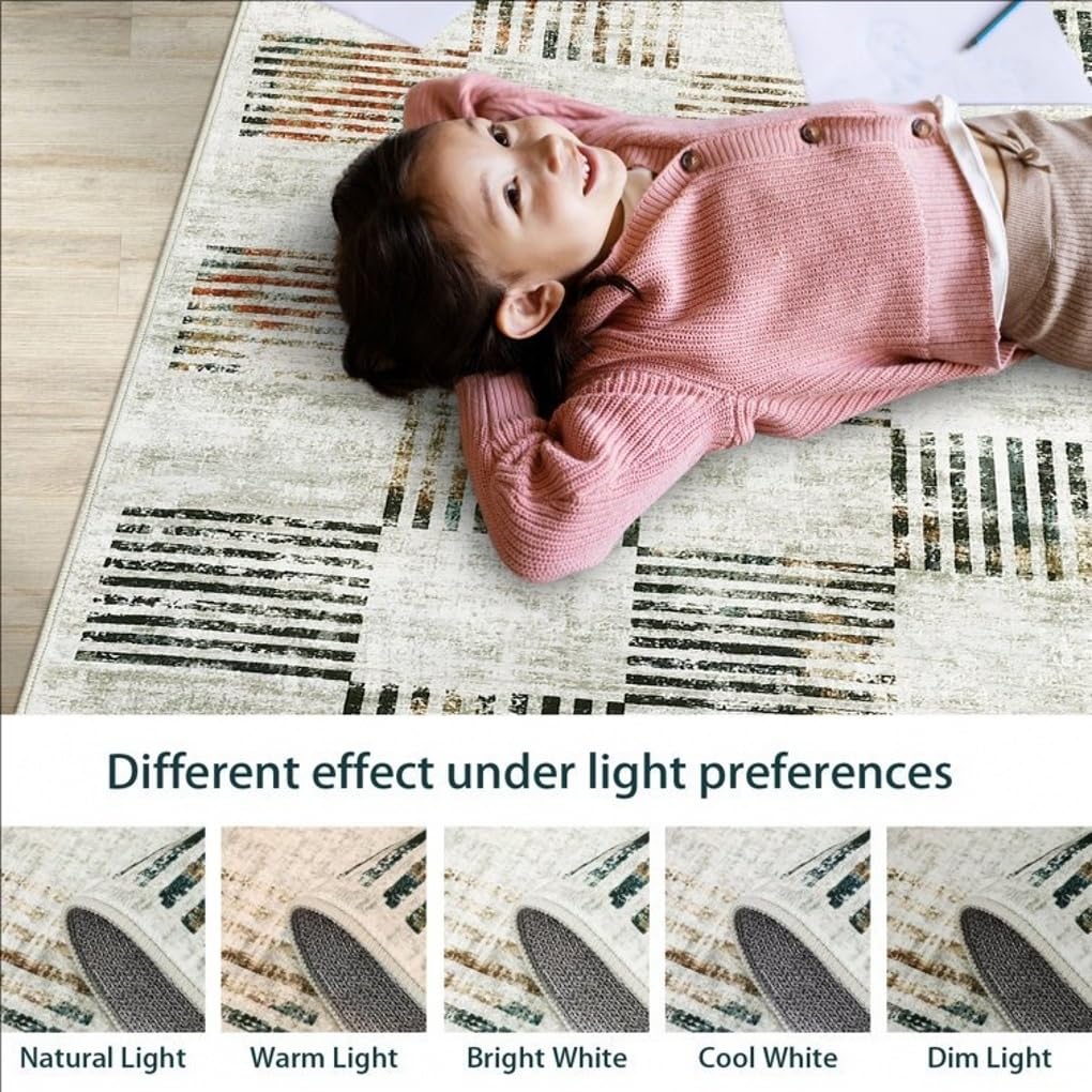 Odd Shaped Brown Beige Vintage Abstract 4x6 Area Rugs for Living Room Farmhouse Nursery Office Asymmetrical Rug Under Dining Room Coffee Table Bedroom Entryway Waterproof Faux Wool Carpets