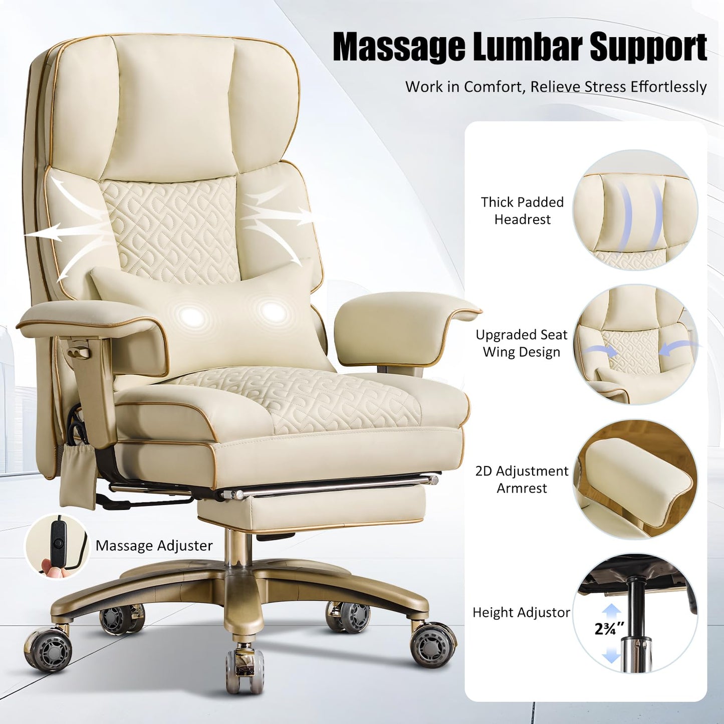 Furnistyle Leather Office Chair with Footrest, High-Back Executive Office Chair with Adjustable Lumbar Support, Luxury Desk Chair with Silent Wheels Rocking 360° Swivel, Height Adjustment,Beige