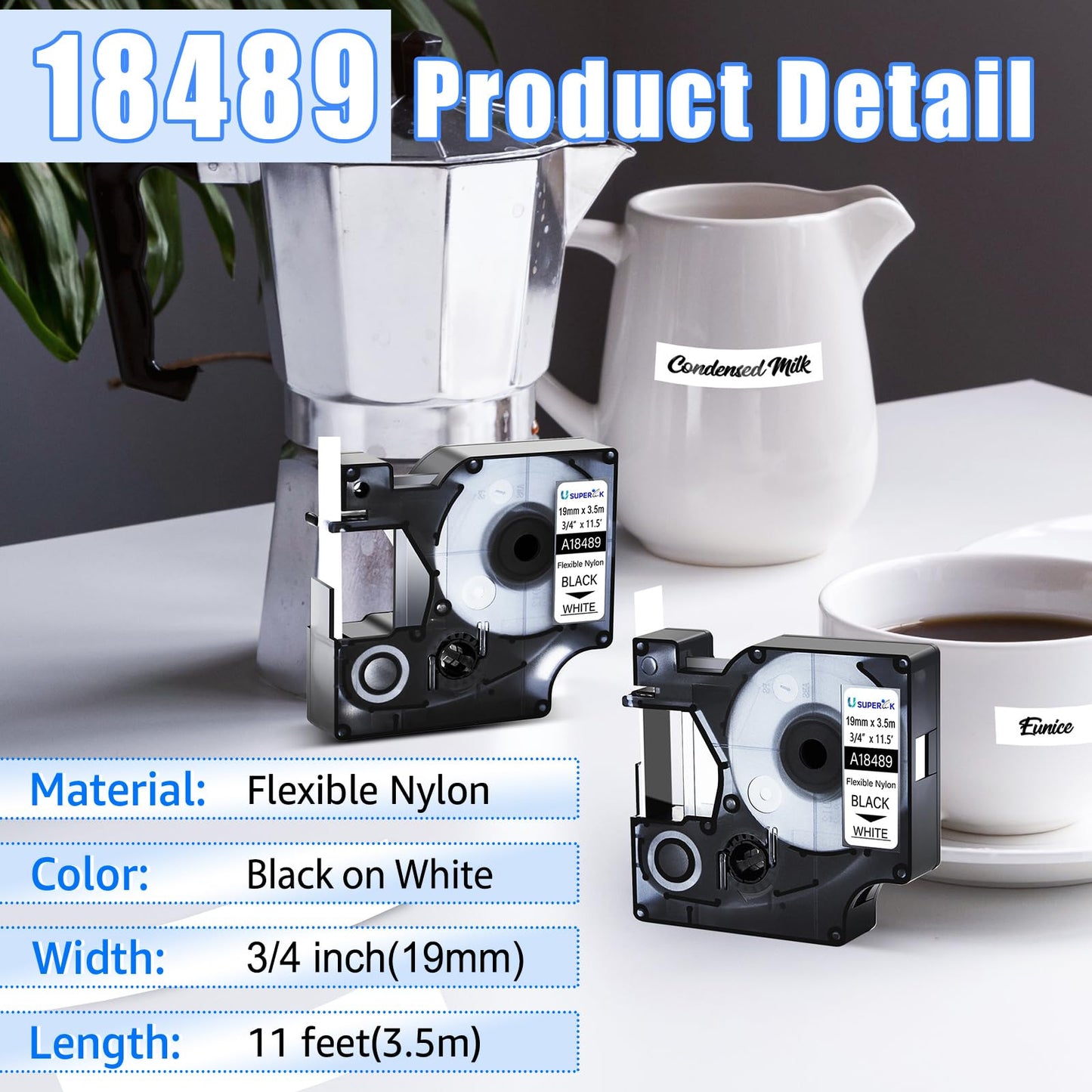 SuperInk 10 Pack 19mm Rhino Flexible Nylon Labels Compatible for Dymo Industrial 18489 Black on White Label Tape 3/4'' x 11.5ft for Cables Wires work in Rhino 4200 5200 6000 3M PL200 PL300 Label Maker