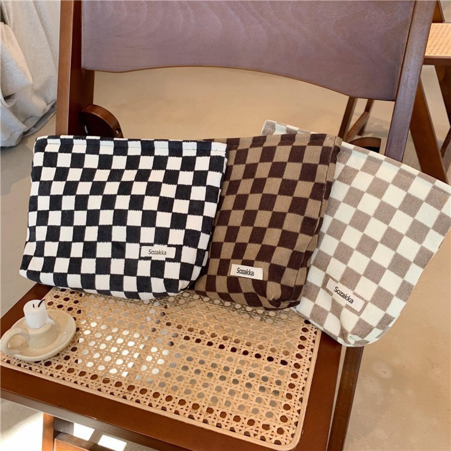 BIVIZKU Travel Checkered Makeup Bag, Corduroy Cosmetic Bag for Purse, Small Cosmetic Zipper Pouch Cute Travel Checkered Makeup Bag Gift for Women,Girls (woven checkered)