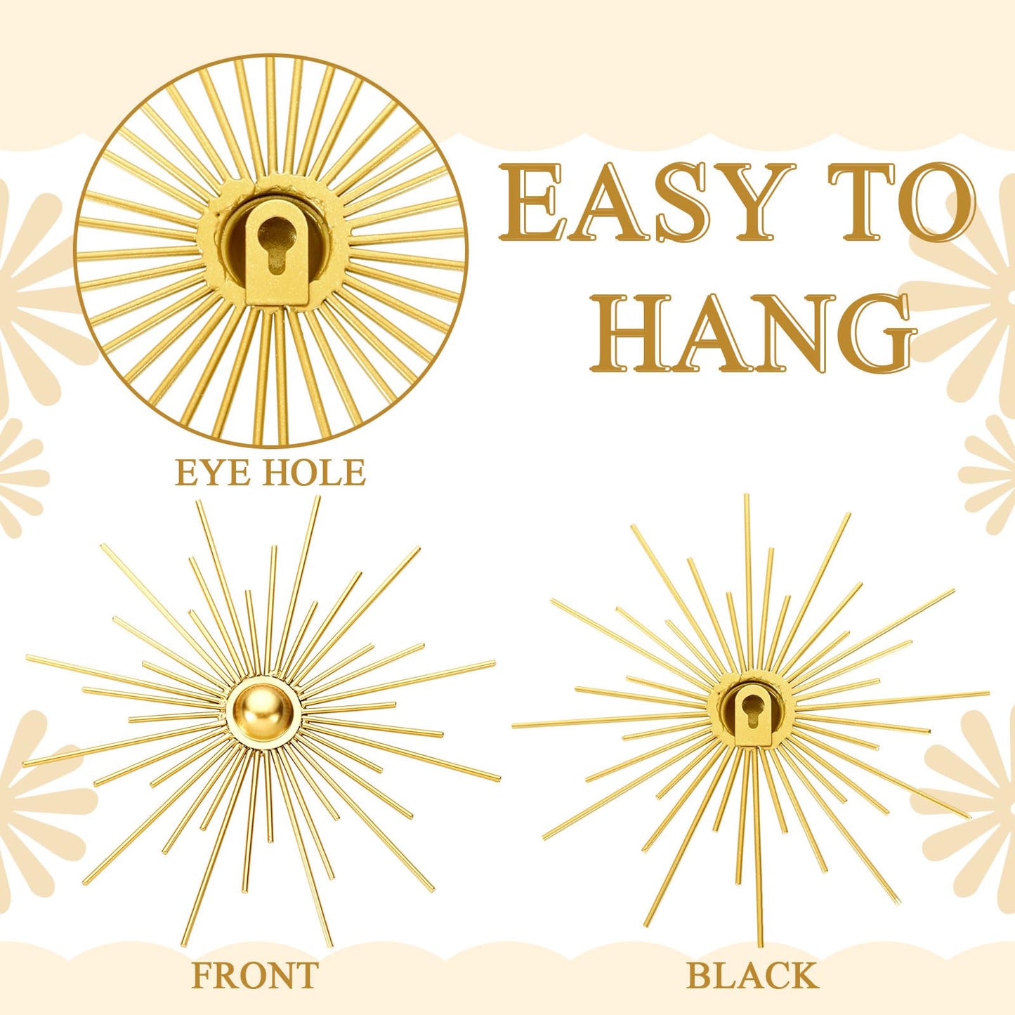 Fourluoo 3 Pcs Metal Starburst Wall Decor Gold Metal Wall Art 3D Spike Bling Finish Star Burst Hangings Accents Sculptures Set Modern Mid Century Decorations for Living Room Bedroom Entryway