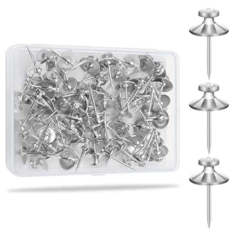 KURUI 60Pcs Double Headed Nails for Hanging Pictures, Wall Hangers Without Nails, Thumb Tacks for Wall, Renter Friendly Decor Push Pins for Tapestry Frame Art, Picture Hangers-Silver