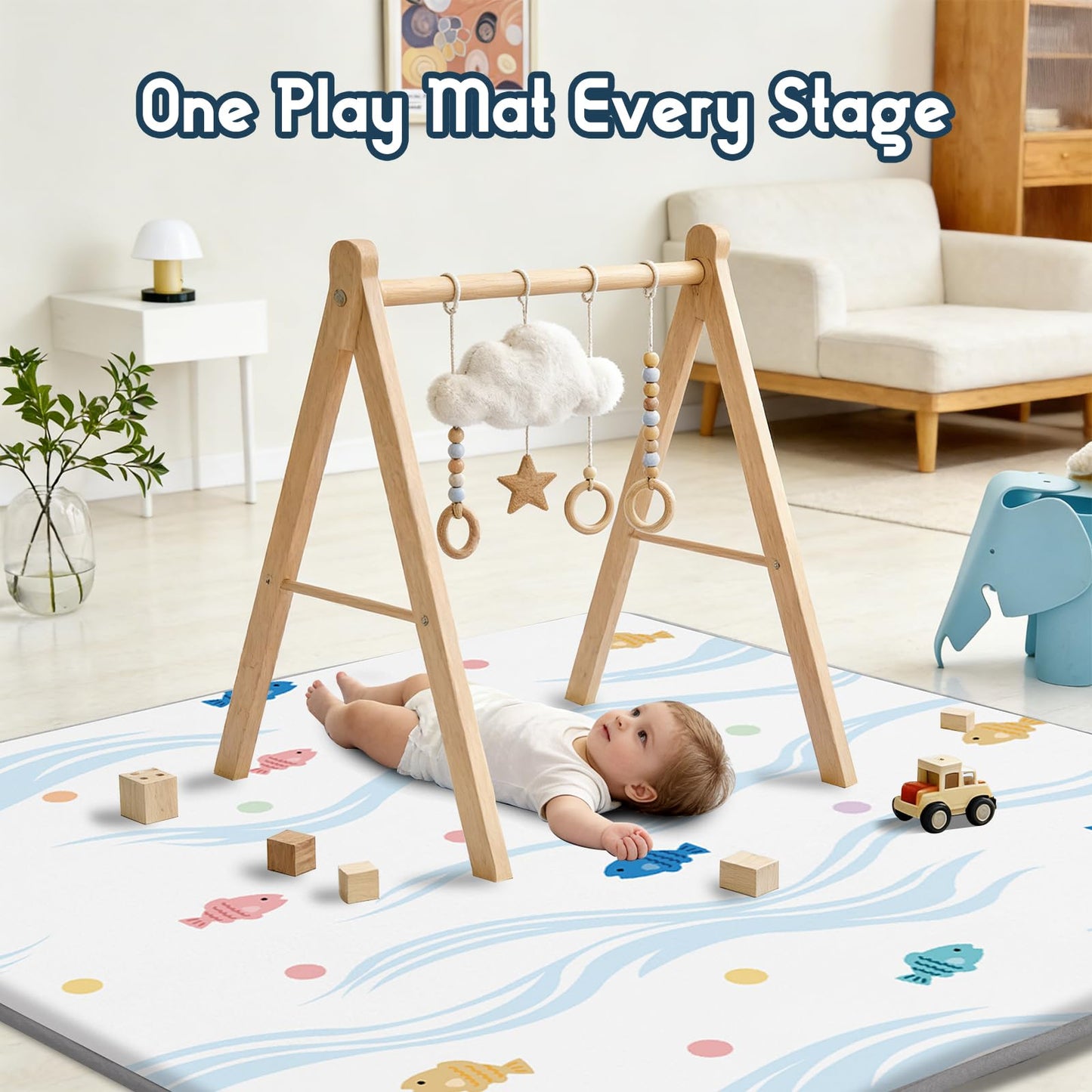 TreeBud Baby Play Mat for Floor, 1.3-Inch Thickened Foam Soft Padded Coral Velvet Playmat for Tummy Time, 59x71 Water-Repellent Playpen Mat for Toddlers Infant Kids, Cute Little Fish Print