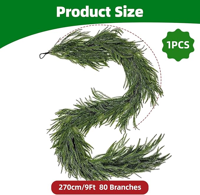 9 Ft Norfolk Pine Christmas Garland - Artificial Faux Pine Needles Real Touch Winter Garland - Indoor/Outdoor Holiday Greenery Garlands for Fireplace Mantle, Staircase, Window Decor