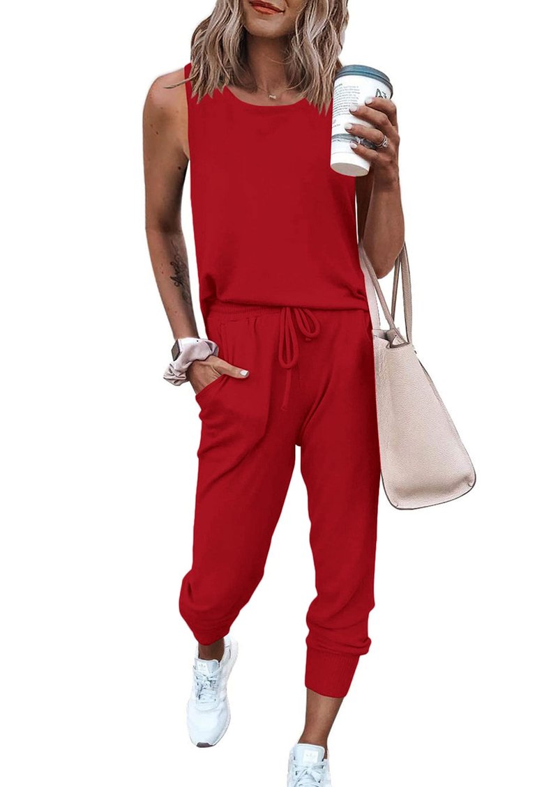 PRETTYGARDEN Women's Two Piece Outfit Sets Casual Summer Sleeveless Matching Lounge Wear Spring Travel Clothes Tracksuit (Red,Medium)