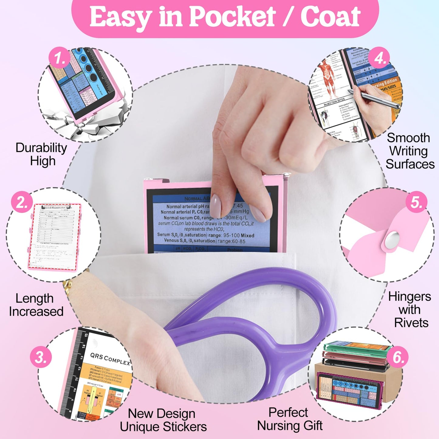 Nursing Clipboard Foldable-4 Layers Aluminum Nurse Foldable Clipboard Nursing Medical Edition Cheat Sheets, Pocket Size Pen Clip for Nurses Students School and Doctors-Pink