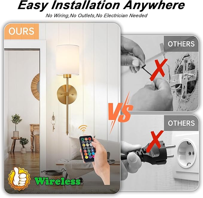Battery Operated Wall Sconce Set of 2, Brushed Gold Cordless Rechargeable Wall Sconces with Dimmable LED Bulb and Remote, 13 Colors Wall Lights for Bedroom Living Room Hallway