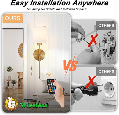 Battery Operated Wall Sconce Set of 2, Brushed Gold Cordless Rechargeable Wall Sconces with Dimmable LED Bulb and Remote, 13 Colors Wall Lights for Bedroom Living Room Hallway