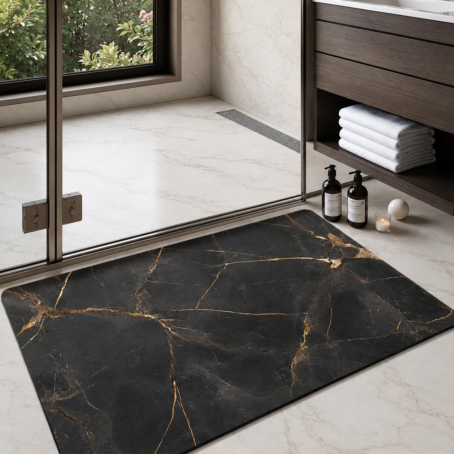 Color&Geometry Ultra Thin Bathroom Rugs Non Slip,Absorbent Quick Dry Bath Mats for Bathroom,Thin Bath Rugs Washable with Rubber Backing Fit Under Door Outside Shower,Gold-Veined Marble,17"x30"