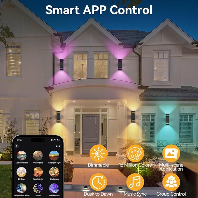 Smart Outdoor Wall Lights, RGBCW Dusk to Dawn Exterior Light Fixture Color Changing Porch Lights with Remote Control, Waterproof Square Outdoor Sconce Lights Works with Alexa Google Assistant
