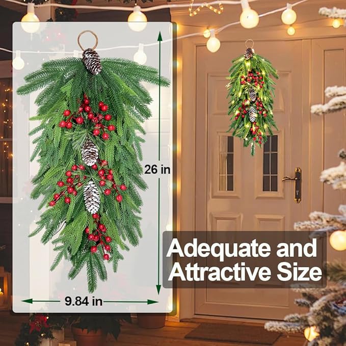2025 Upgraded 26inch Christmas Swag with Lights Lush Norfolk Pine Teardrop Swags Christmas Wreaths with Lights Greenery Stairway Swags Staircase Decorations for Door Indoor Outdoor Home Hanging Décor