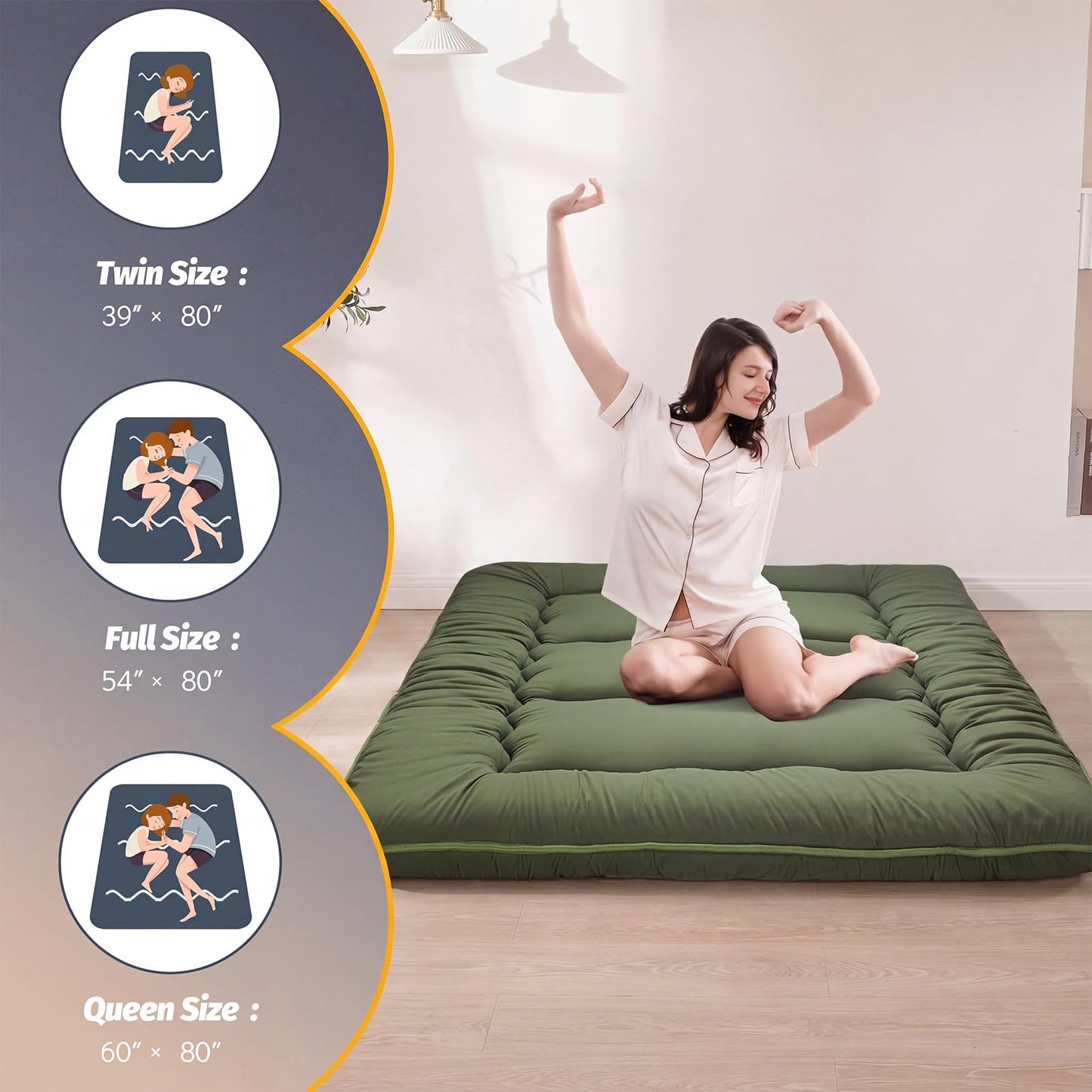 MAXYOYO 6" Extra Thick Japanese Floor Mattress Futon Mattress, Foldable Tatami Pad for Adults, Roll Up Floor Mat for Living Room Guest Room RV, Green, Queen