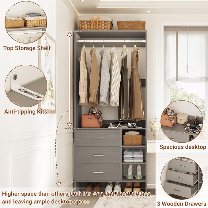 Aheaplus 2.5FT Closet System with 3 Drawers, 29.5’’ Closet Organizer, Wood Closet Organizer System, Walk-in Closet or Small Closets Wardrobe, Clothes Rack with Hanging Rods,-E6, Grey
