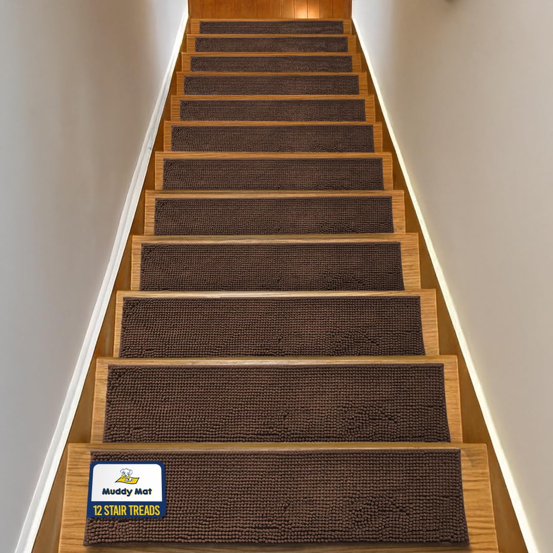 Muddy Mat® Pack of 12 - Soft Chenille Stair Treads Non-Slip Reusable, Super Absorbent Stair Treads for Wooden Steps, Tile & Marble Floor, Easy to Install & Machine Washable - Brown 30'' x 7''