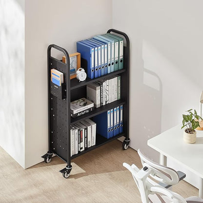 VEVOR Rolling Library Book Cart, 330 lbs Capacity, 30.3 x 15 x 48.0-Inch Library Cart, Single Sided L-Shaped Shelves with 3-Inch Lockable Wheels, Book Truck for Home Shelves Office and School, Black