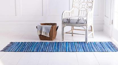 Unique Loom Chindi Cotton Collection Soft Hand Woven Natural Fiber Striped Area Rug, 2 ft 7 in x 9 ft 10 in, Navy Blue/Ivory