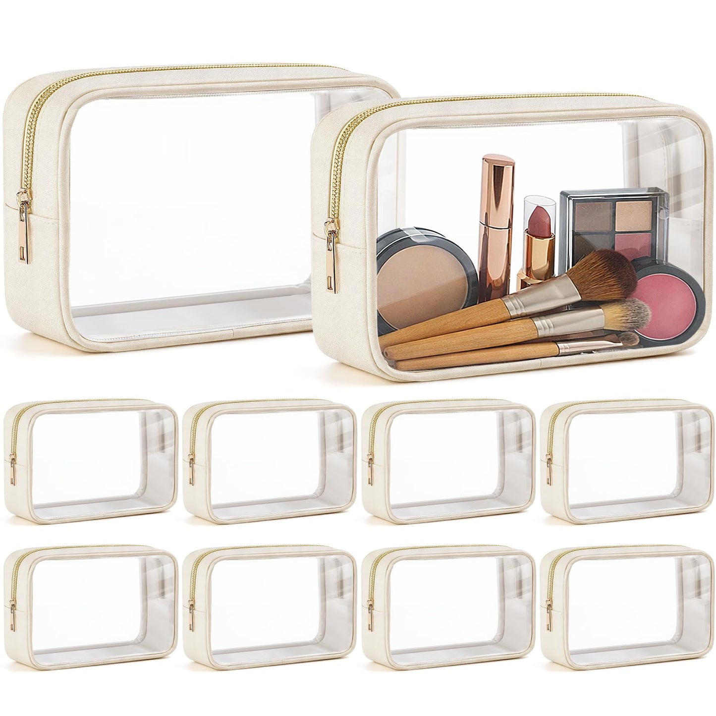 Abbylike 10 Pcs Clear Makeup Bags Bulk PU Leather Portable Travel Cosmetic Case Small Toiletry Bag with Zipper Car Console Organizer Waterproof Pouch for Women Birthday Gifts (Light Beige)