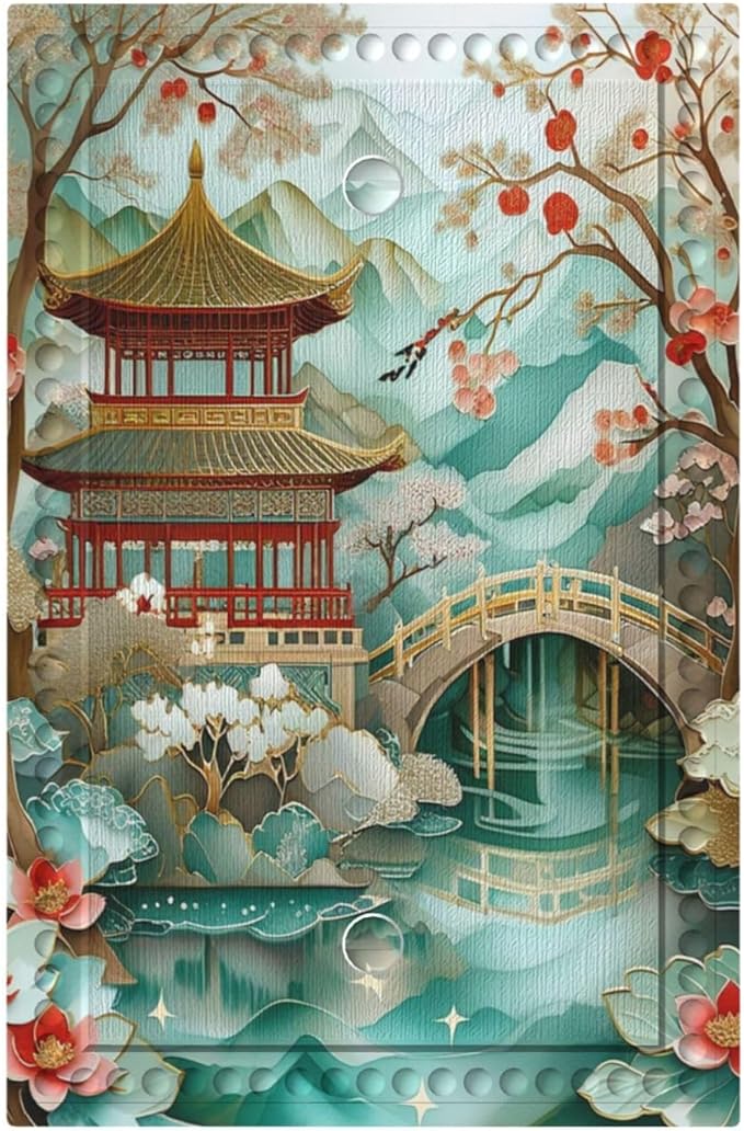 Asian Palace Traditional Bridge Cherry Blossoms Light Switch Covers No Device Wall Plate 1 Gang Decorative Blank Switchplate Electrical Faceplate for Country Living Bedroom Decor