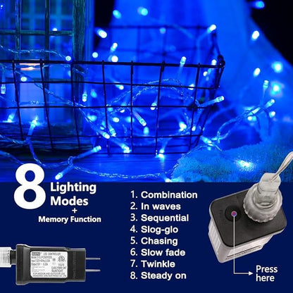 Blue String Lights Indoor - 220 LED 25m/82ft 8 Modes End-to-End Plug in Outdoor Waterproof Decorative Fairy Twinkle Christmas Tree Lights for Xmas/Halloween/Patio/Room/Home/New Year/Thanksgiving Day