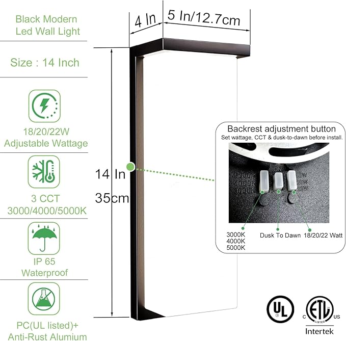 Black 18/20/22W 14in Outdoor Wall Light Fixtures, IP65 Waterproof, 3-Color Temp Adjustable Porch Lights, Modern dawn to dusk Exterior Sconces for House, Front Door, Walkway, Wall Mount,2 Pack