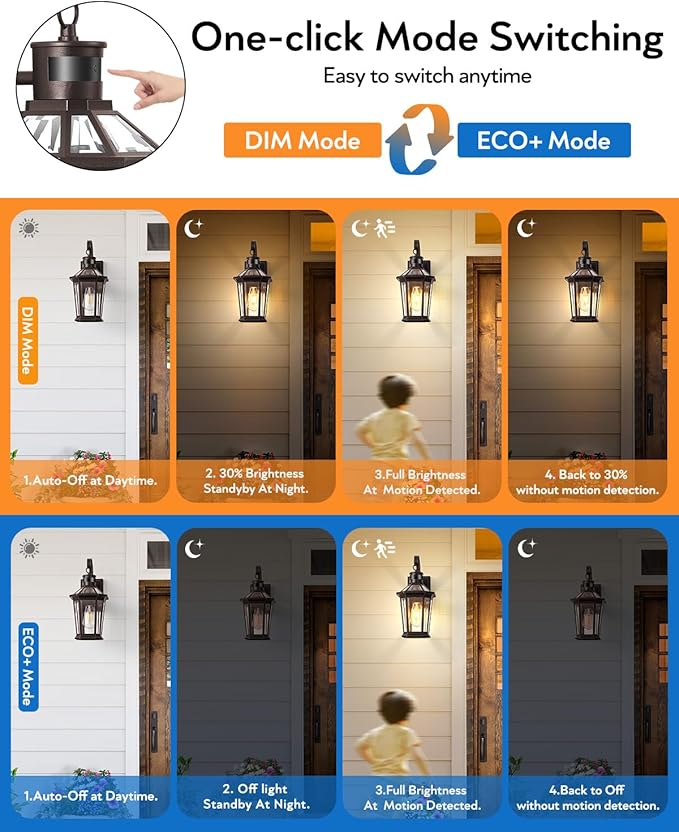 VIANIS Motion Sensor Outdoor Lights, 2 Packs Oil Rubbed Bronze Dusk to Dawn Outdoor Wall Lights Exterior, 100% Anti-Rust Aluminum Front Porch Wall Lantern, Modern Outdoor Wall Sconce for House, E26