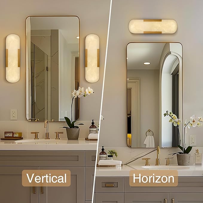 13.8 inch Alabaster Wall Sconces Set of Two, Natural Marble Wall Lighting, Brass Bedside Wall Lamp, Indoor Vanity Light Fixtures for Hallway,Bathroom Living Room (Including LED)