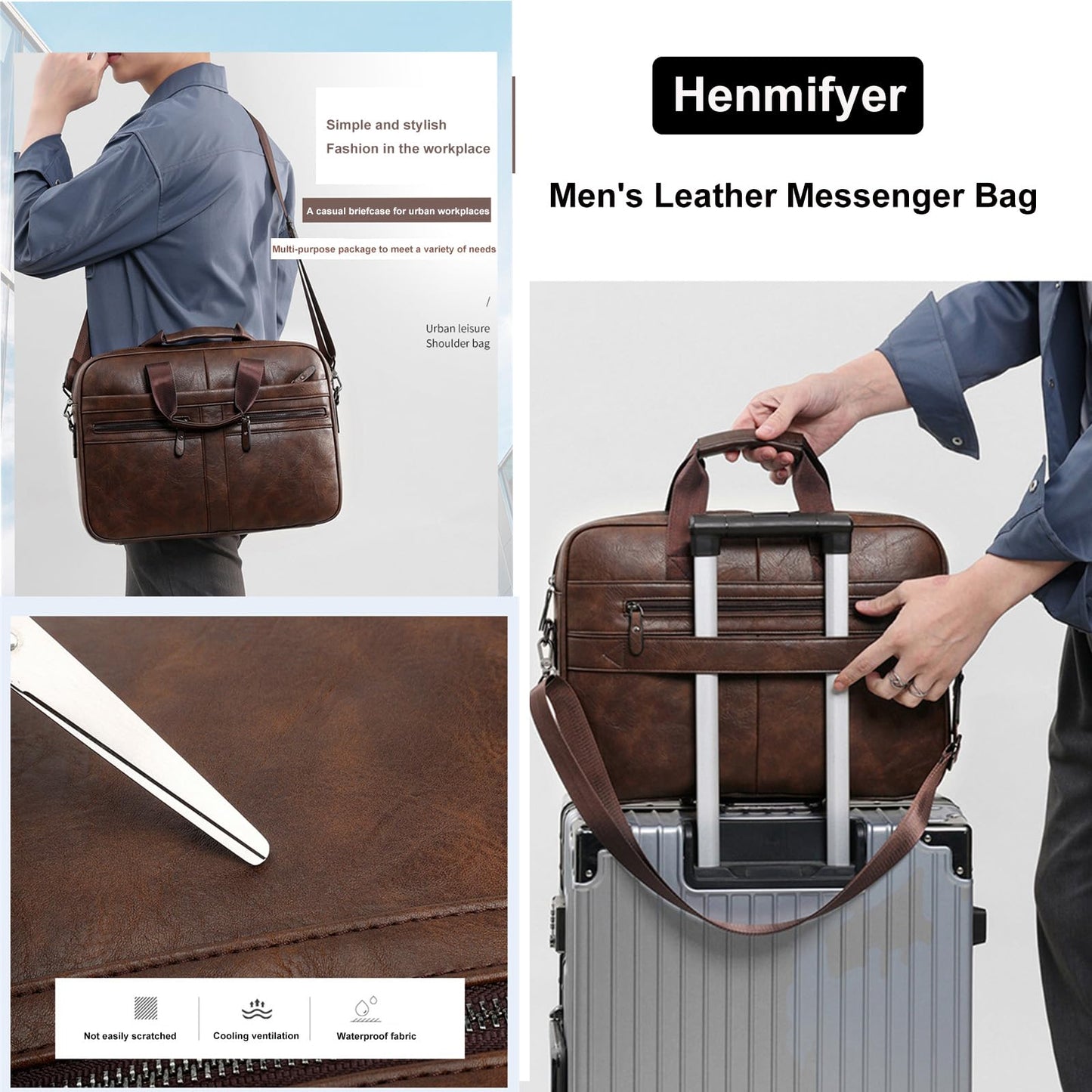 Henmifyer Men's Leather Messenger Bag, Laptop Briefcase Business Satchel Computer (Brown, 16 inch)