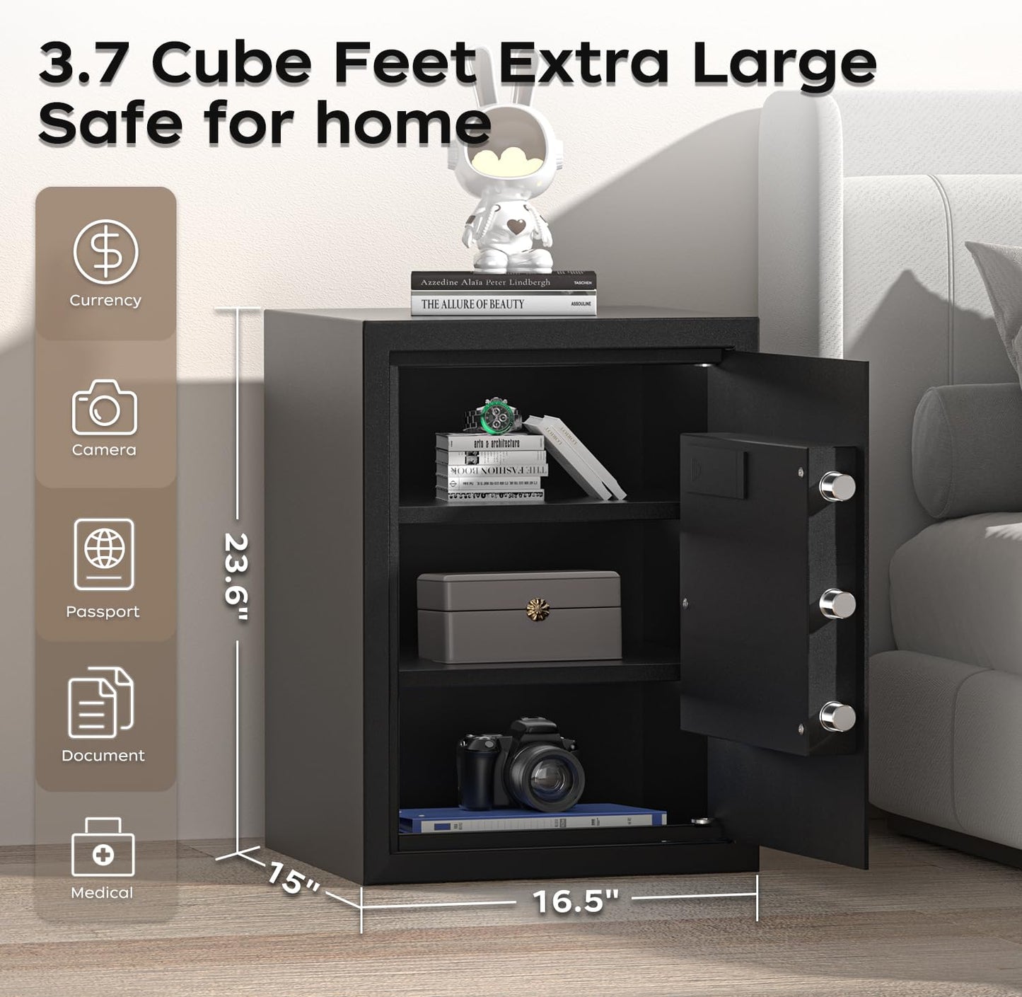 AEGIS Biometric Gun Safe with Silent Mode, 3.7 Cubic Feet Large Quick Access Security Safe with Fingerprint Scanner Money Safe Lock Box for Home Office Hotel