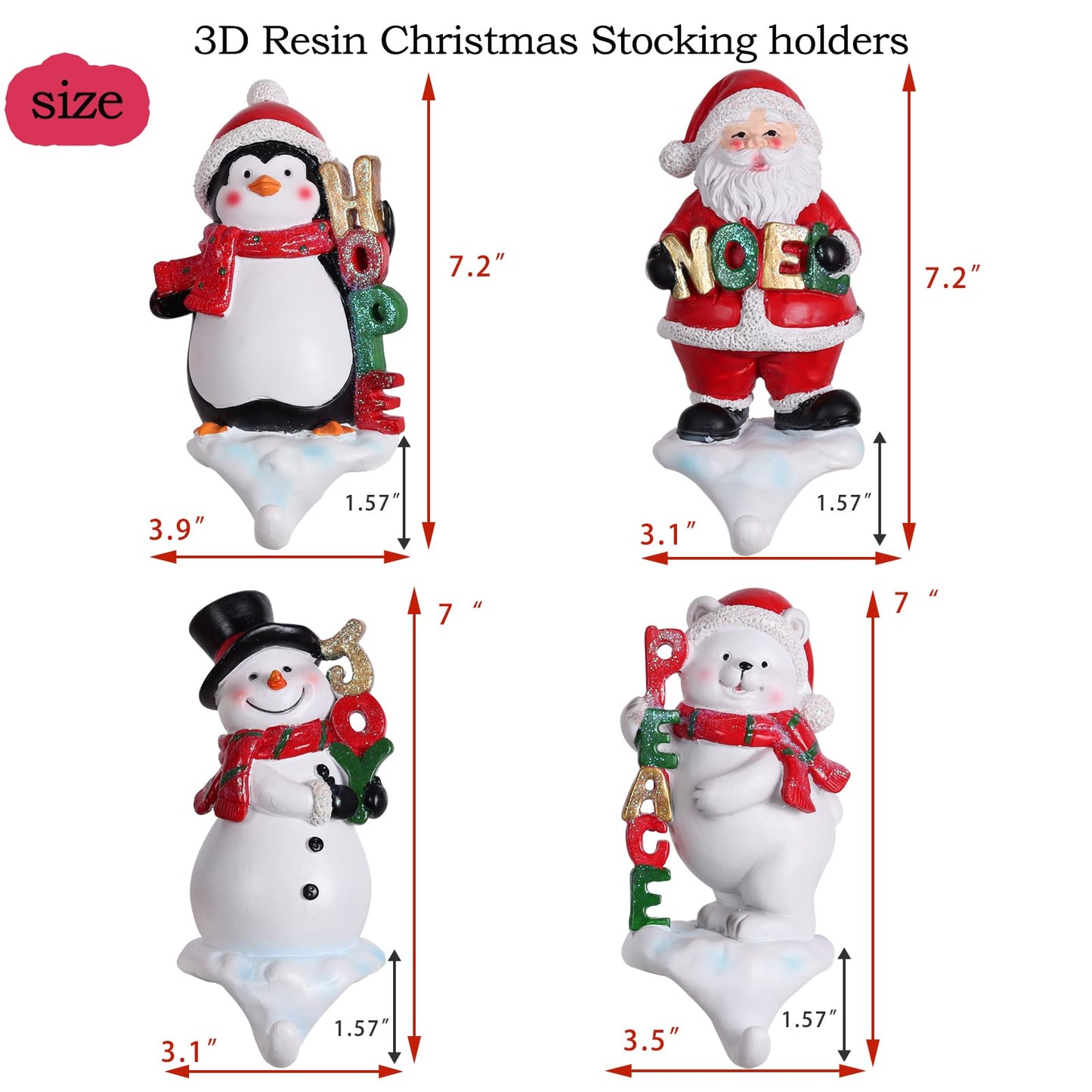 XENTUMI Stocking Holders for Mantle, 3D Stocking Holders, Christmas Stockings Holder Set of 4, Fireplace Stocking Hanger Hooks for Christmas Mantel Decoration