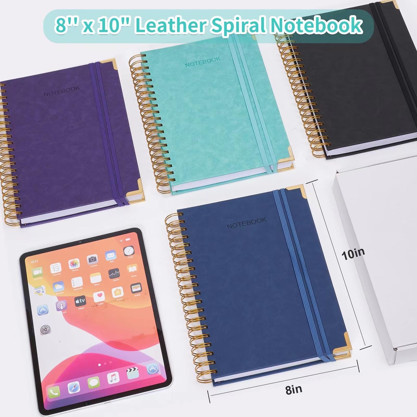 Spiral Notebook, 365 Page Hardcover Leather Notebook Journal, Large B5 Lined Journal for Women Men, College Ruled Notebooks for Work School, Journals for Writing, 24pcs Index Tabs, 8" x 10", Teal