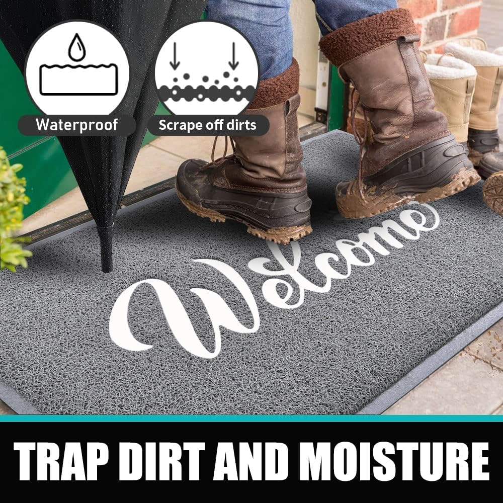 T.HENV Welcome Mat Outdoor, 36x24 All-Season Waterproof Front Door Mat, All-Weather Quick Drying Doormat, Low Profile Indoor, Patio Porch Entryway Floor, Grey-White