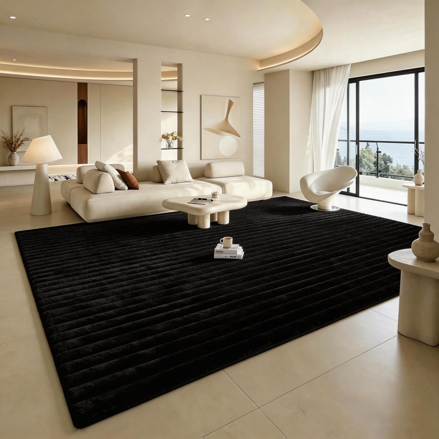 Black Rabbit Striped Plush Rug 6'x9', Fluffy Shaggy Area Rug for Nursery & Kids Room, Faux Fur Carpet for Girls Bedroom, Living Room, Teen Decor