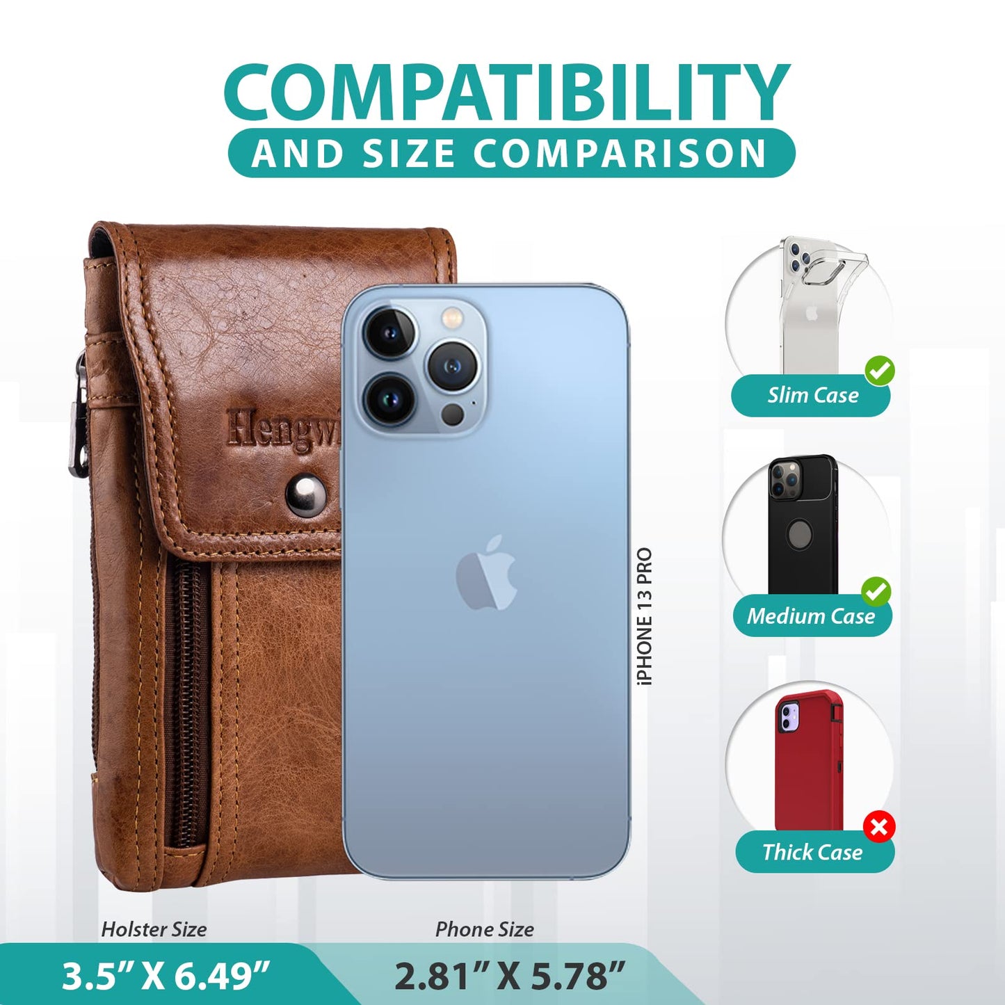 Hengwin Leather Cell Phone Holster Fit for iPhone 17 16 Pro 15 Pro 14 Pro 13 Pro 12 Pro Samsung Galaxy S24 S25 Pouch Case with Belt Clip Loop Card Holder, Waist Purse Mobile Phone Bag for Belt (Brown)